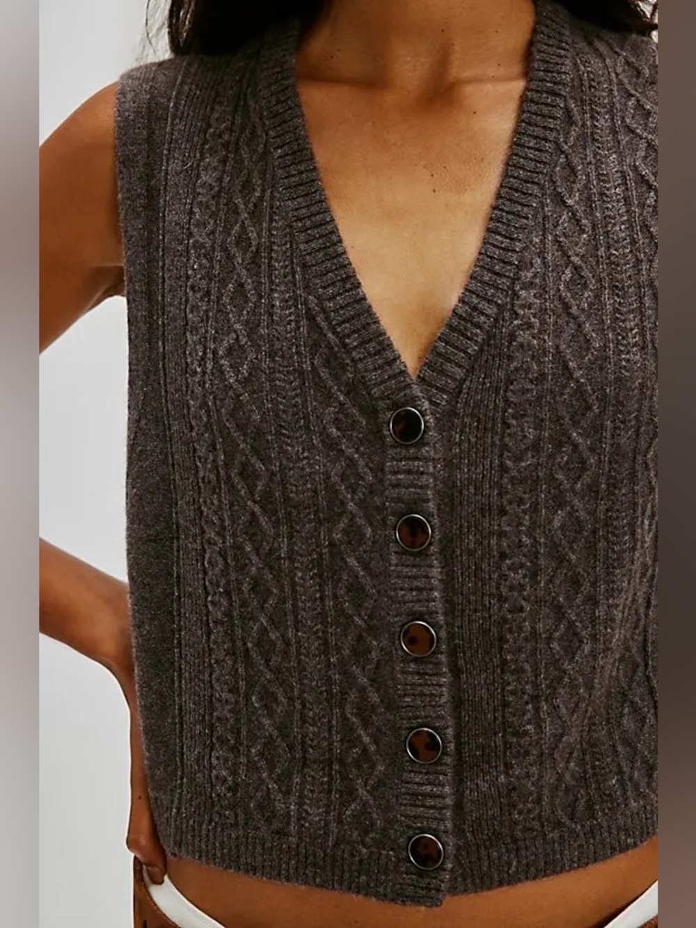 Free People Beatrice 100% Cashmere Cable Knit Button-Front Vest in Plum Truffle - Picture 2 of 10